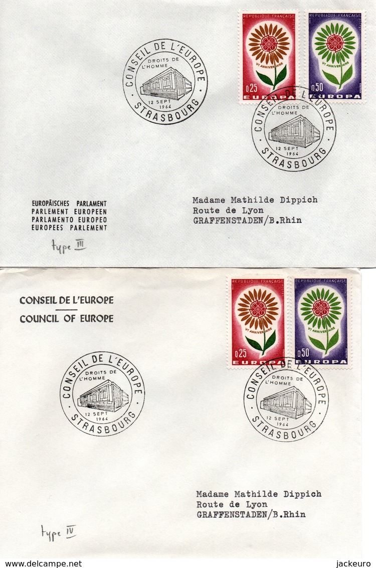 M48a-e  FDC Europa 1964 France Avec Les 4 Différents Cachets Main Et Le Cachet Machine Du Conseil De L'Europe  TTB  RR - 1964