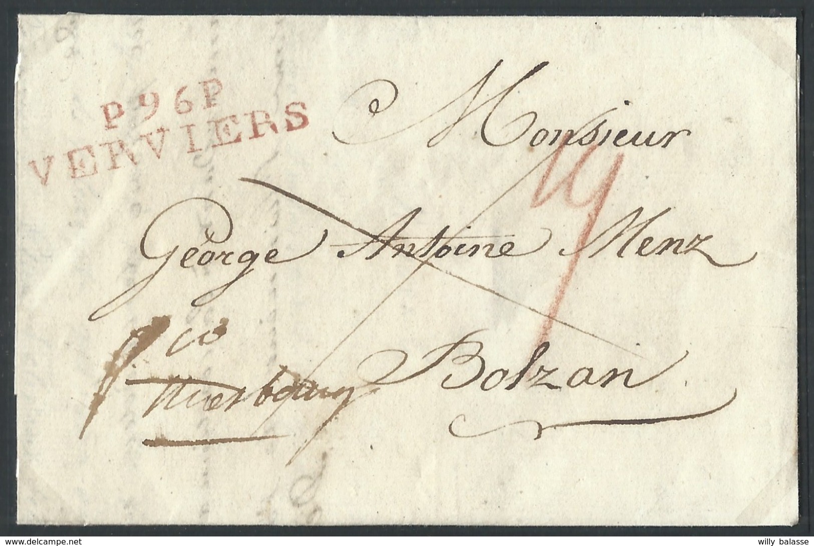 L 1806 96/VERVIERS En Rouge + "19" + "fco Wiesbaden" Pour Bolzan. Superbe - 1794-1814 (Période Française)