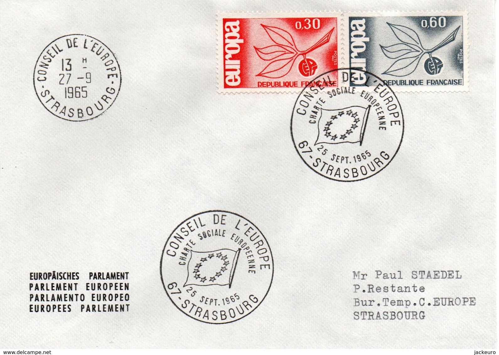 M49  FDC Europa 1965 France Avec Le Cachet Main Du Conseil De L'Europe  TTB  (avec Cachet D'arrivée) - 1965