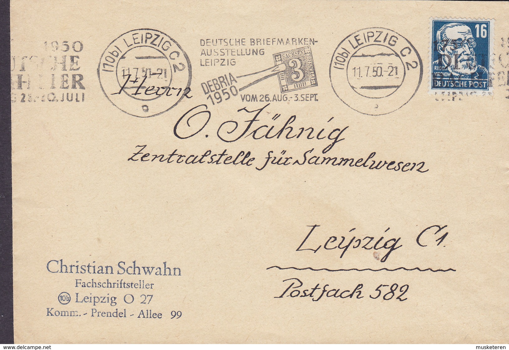 Germany CHRISTIAN SCHWAHN Fachschriftsteller 'DEBRIA Briefmarken-Ausstellung' LEIPZIG 1950 Cover Brief Rudolf Virchow - Lettres & Documents