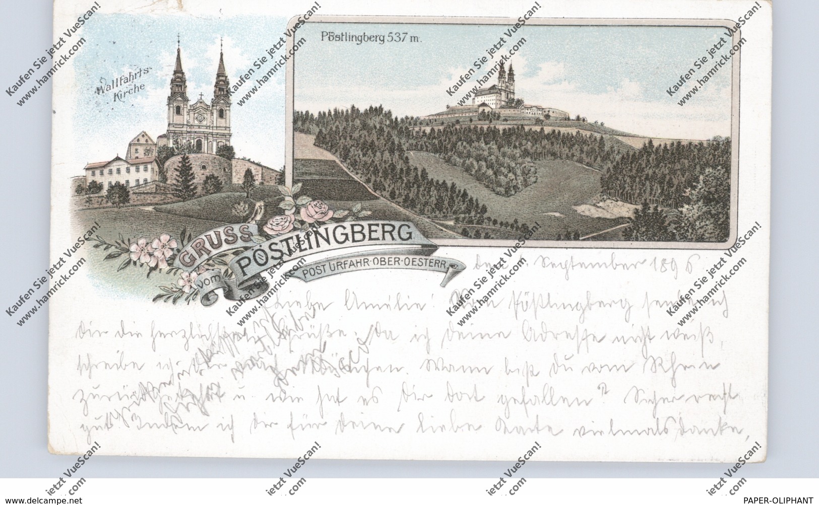 A 4000 LINZ - PÖSTLINGBERG, Lithographie, Wallfahrtskirche, Gesamtansicht, 1896 - Linz Pöstlingberg