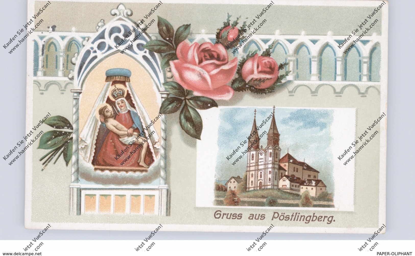 A 4000 LINZ - PÖSTLINGBERG, Lithographie, Wallfahrtskirche, Gnadenbild, Präge-Karte, Brfm. Entfernt - Linz Pöstlingberg