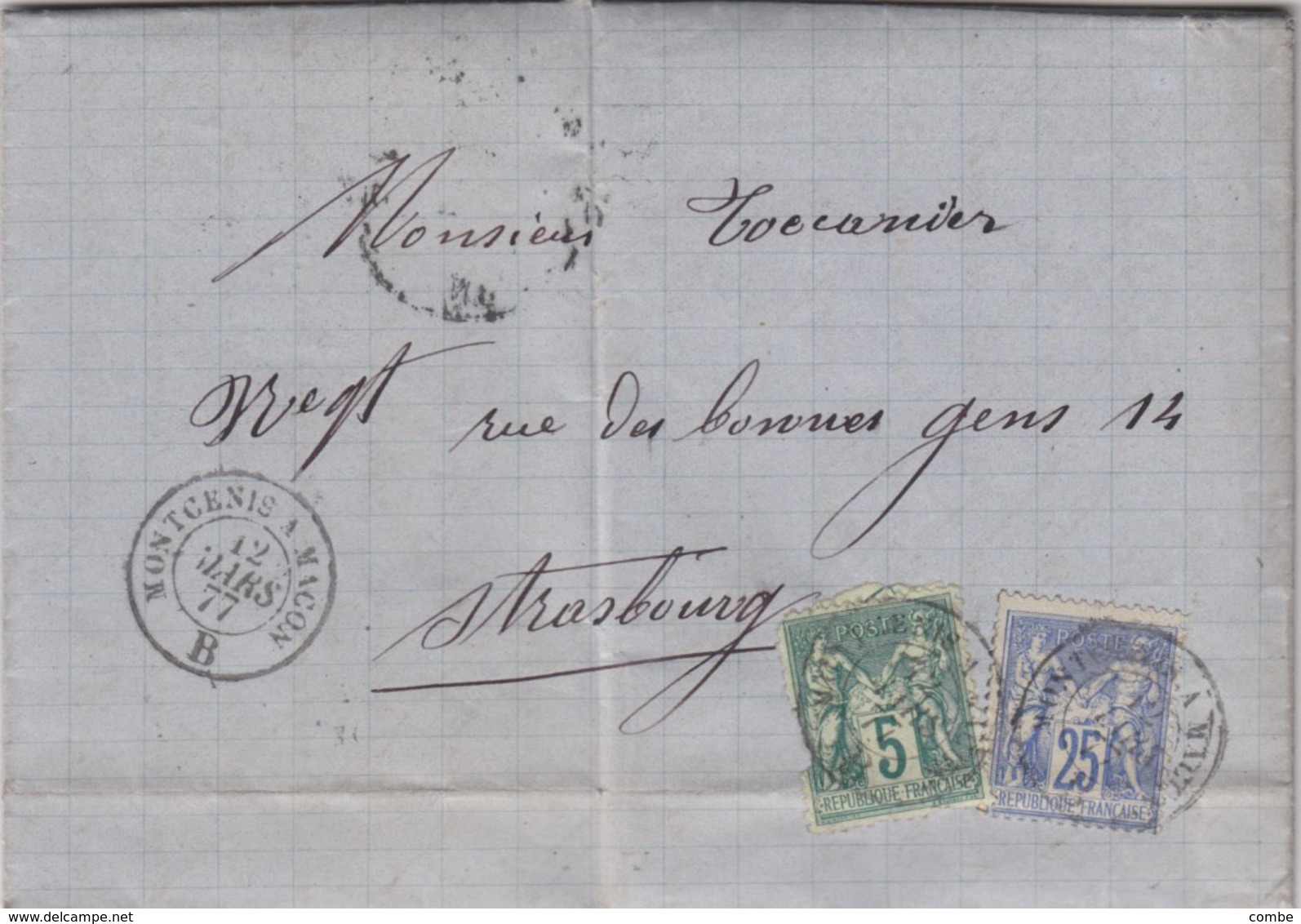 LETTRE, 1877. AMBULANT MONTCENIS A MACON B. SUR LES TIMBRES ET MAGNIFIQUE SUR LA LETTRE. St DENIS POUR STRASBOURG - Railway Post