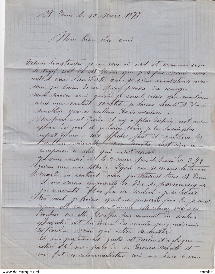 LETTRE, 1877. AMBULANT MONTCENIS A MACON B. SUR LES TIMBRES ET MAGNIFIQUE SUR LA LETTRE. St DENIS POUR STRASBOURG - Railway Post