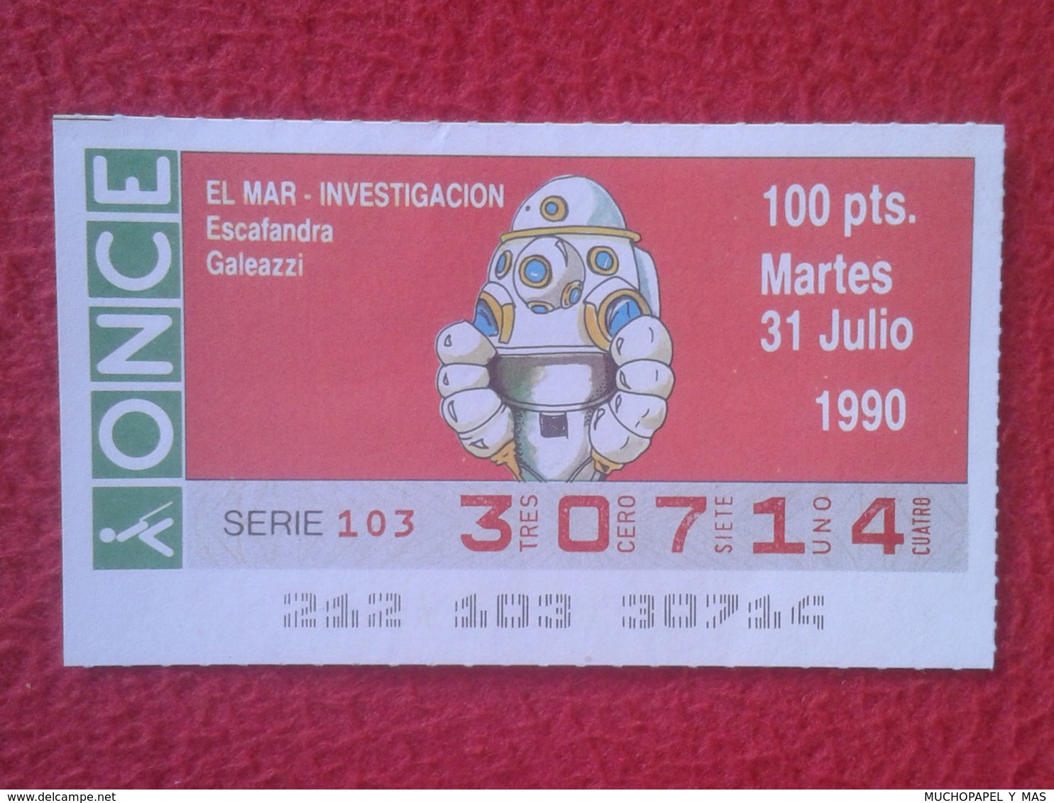 CUPÓN DE ONCE LOTTERY CIEGOS SPAIN LOTERÍA ESPAÑA ESPAGNE 1990 EL MAR THE SEA LA MER ESCAFANDRA GALEAZZI HELMET VER FOTO - Billetes De Lotería