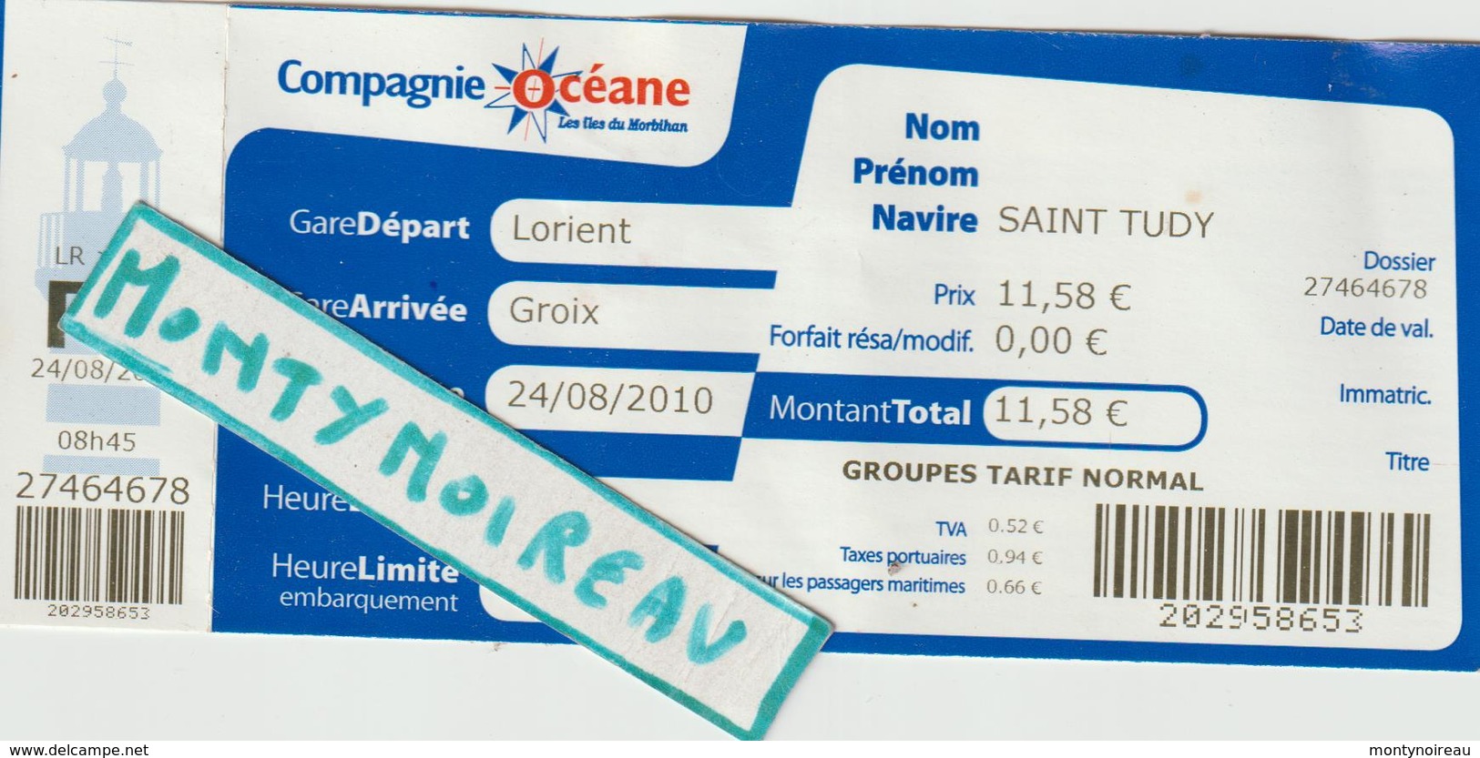 Vieux Papier : Ticket Compagnie  Océane , Gare Lorient , Groix , Navire Saint  Tudy , Morbihan - Autres & Non Classés