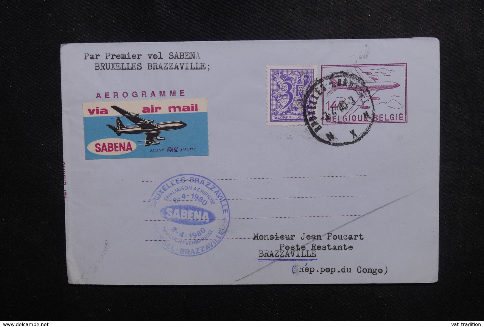 BELGIQUE - Aérogramme 1er Vol Bruxelles / Brazzaville En 1980 - L 50169 - Aerograms