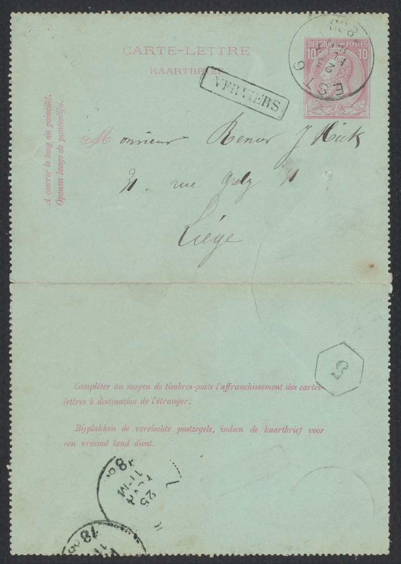 EP Au Type Carte-lettre 10ctm Rouge (n°46) Obl Ambulant "Est 6" (1888) + Griffe Encadrée VERVIERS Vers Liège - Cartas-Letras