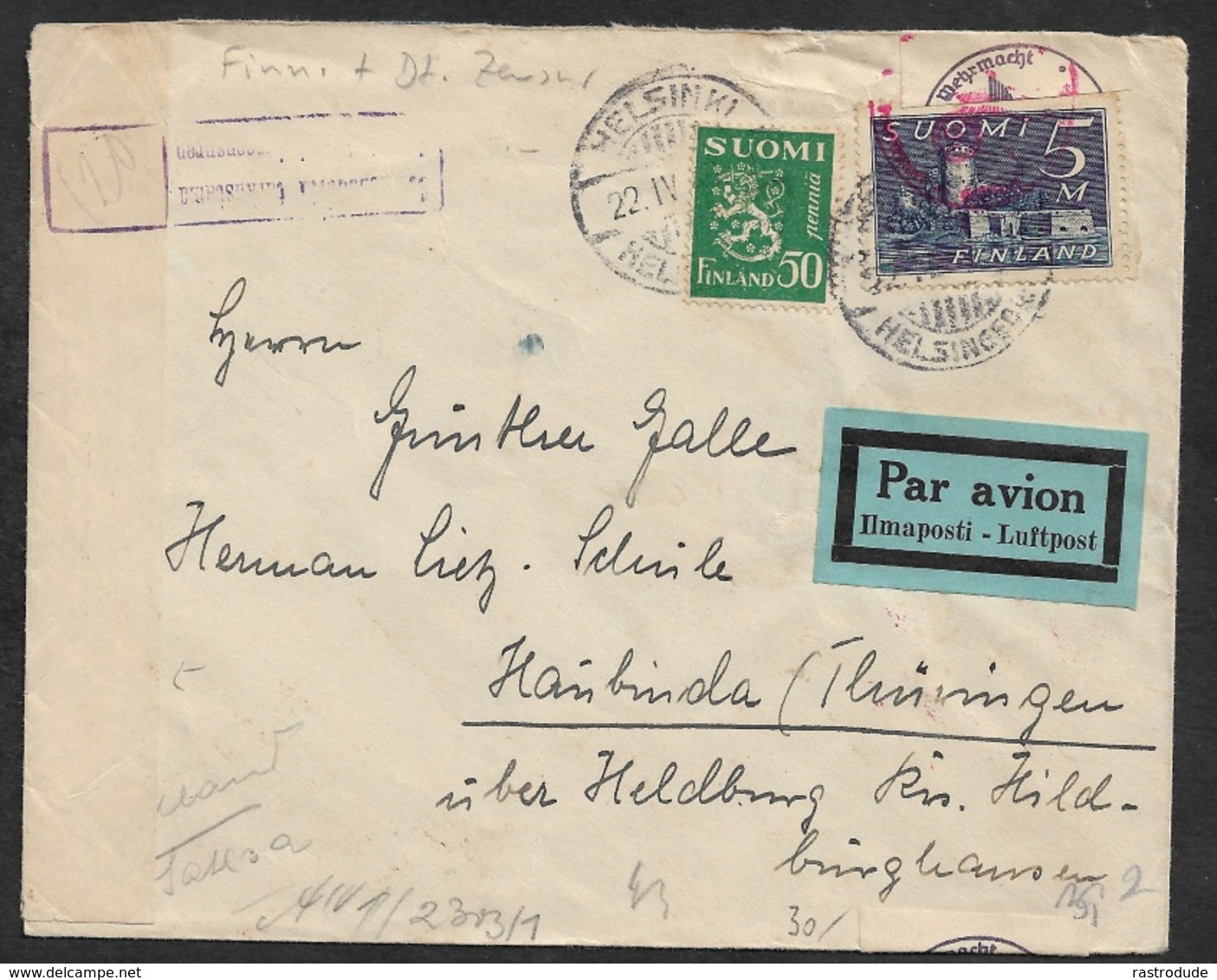 1943 Ca. FINLAND To GERMANY - AIRMAIL LUFTPOST - DOUBLE CENSOR GERMAN FINNISH - Brieven En Documenten
