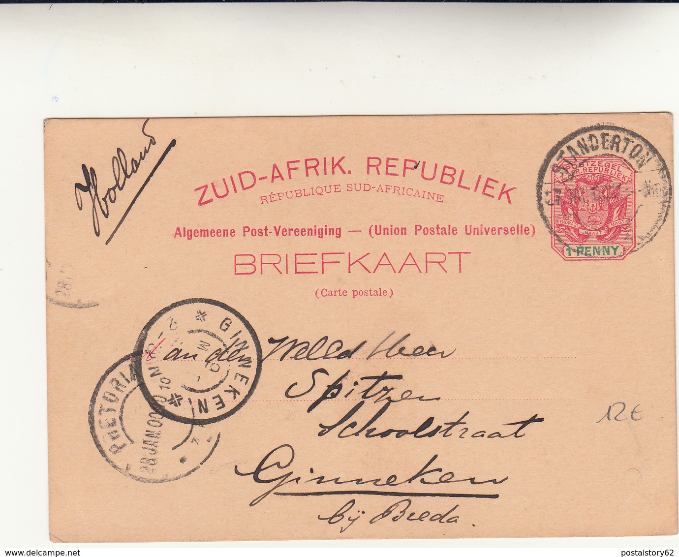 Standerton From Ginneken (Holland) Via Pretoria. Cartolina Intero Postale  Da 1 Penny - 1900 - - Nuova Repubblica (1886-1887)