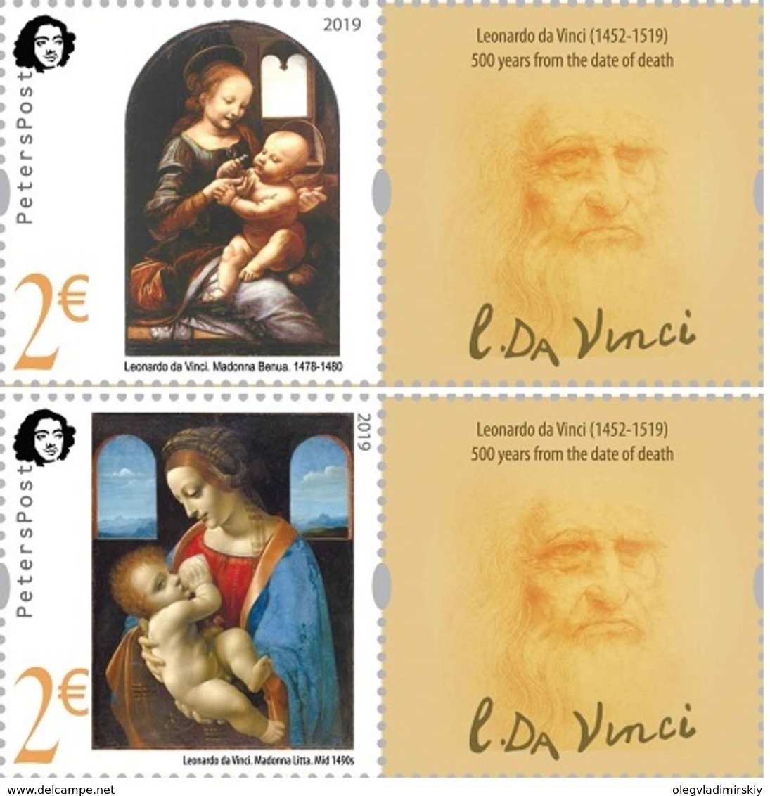 Finland. Peterspost. Leonardo Da Vinci. 500 Years From The Date Of Death, Set Of 2 Stamps With Labels (FV Price!) - Unused Stamps
