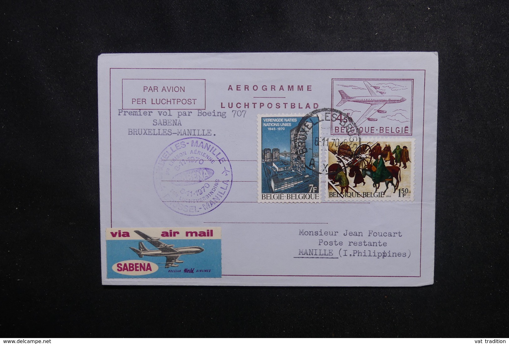 BELGIQUE - Aérogramme  Par 1er Vol Bruxelles / Manille En 1970  - L 50216 - Aerogramas