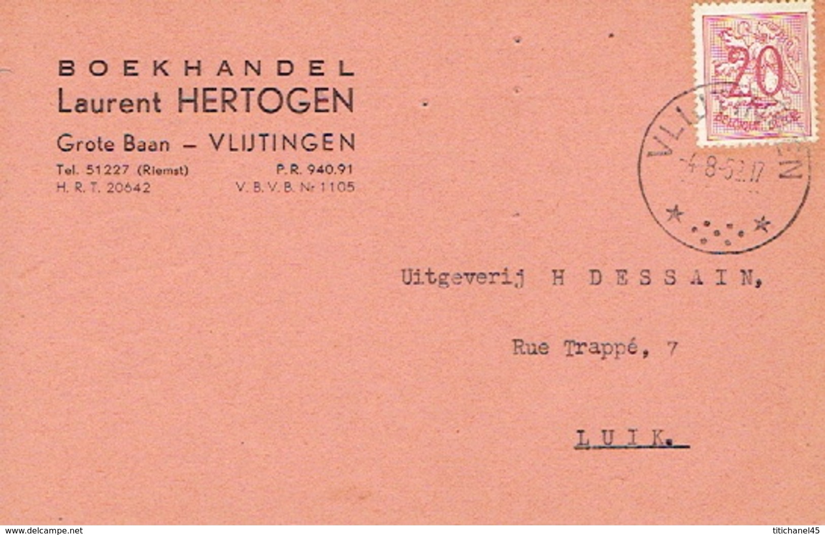 Postkaart Publicitaire VLIJTINGEN 1952 - Laurent HERTOGEN - Boekhandel - Riemst