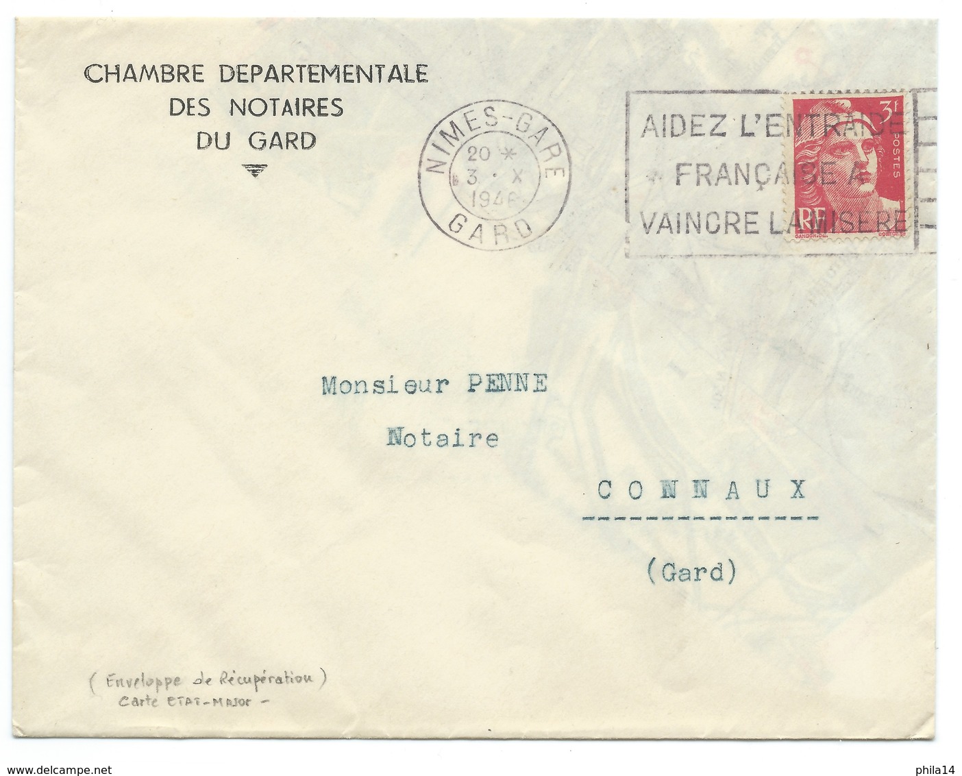 MARIANNE DE GANDON 3f / NIMES GARE GARD POUR CONNAUX / 1946 / AIDEZ L'ENTRAIDE FRANCAISE VAINCRE LA MISERE - 1921-1960: Periodo Moderno