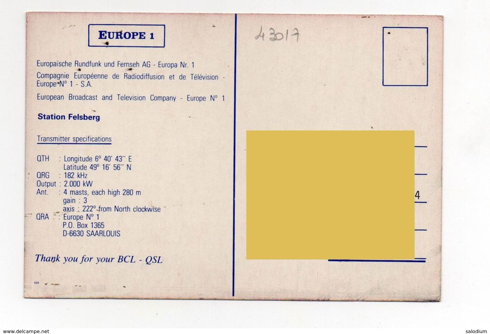 ELSBERG - Europe 1 - Station Radio Broadcast Television - BCL QSL - Radioamatori - Switzerland Swisse Svizzera - Altri & Non Classificati