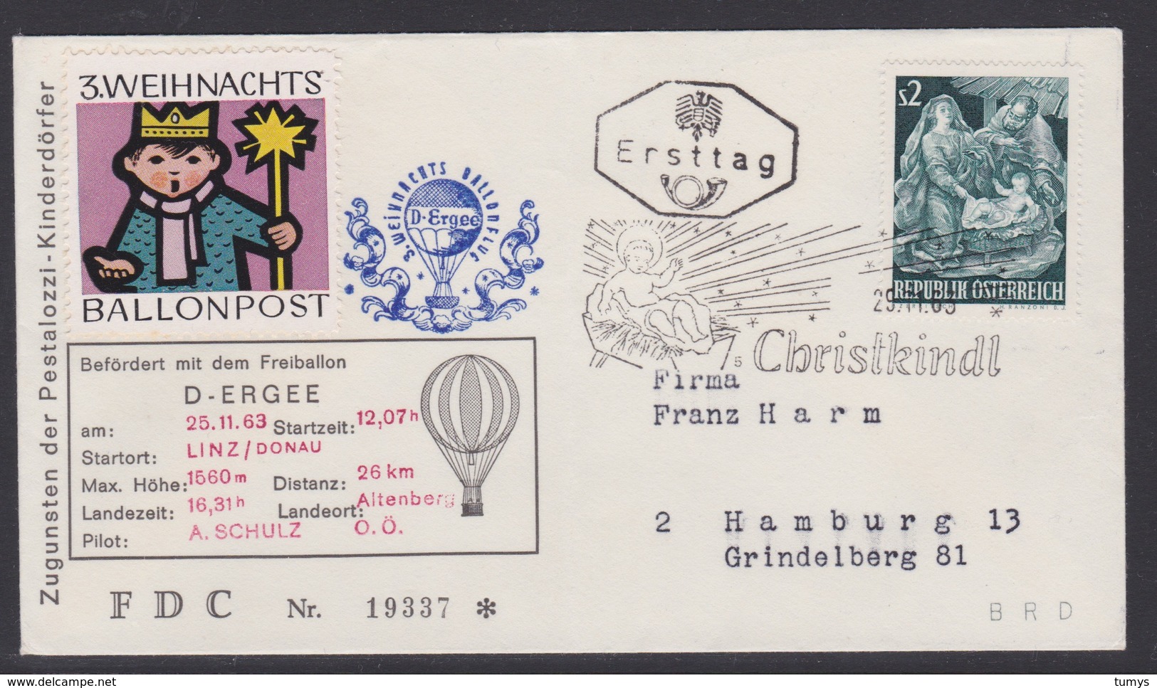 3. Ballonpost Österreich Christkindl Weihnachten 1963 - FDC