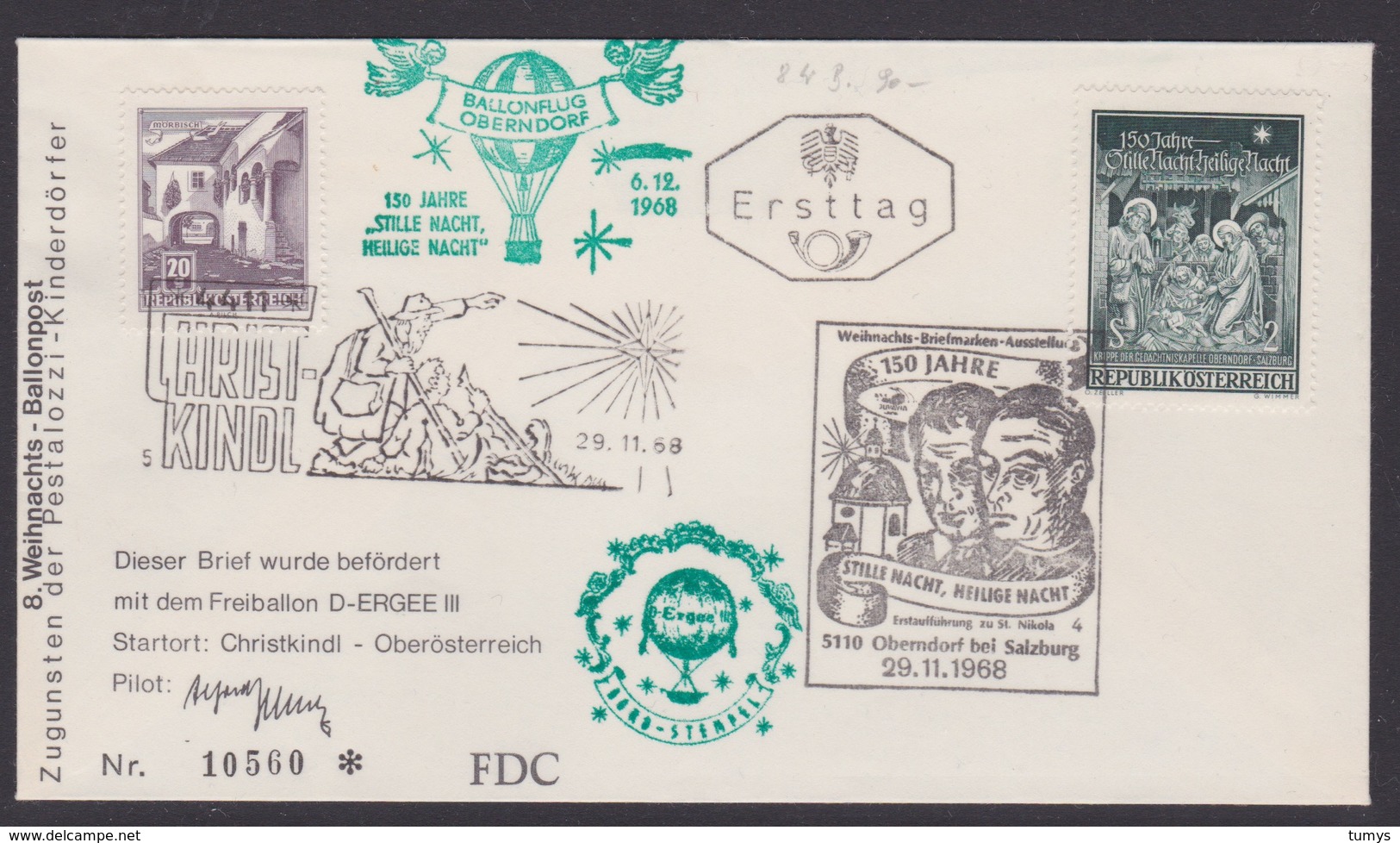 8. Ballonpost Österreich Christkindl Weihnachten 1968 - FDC