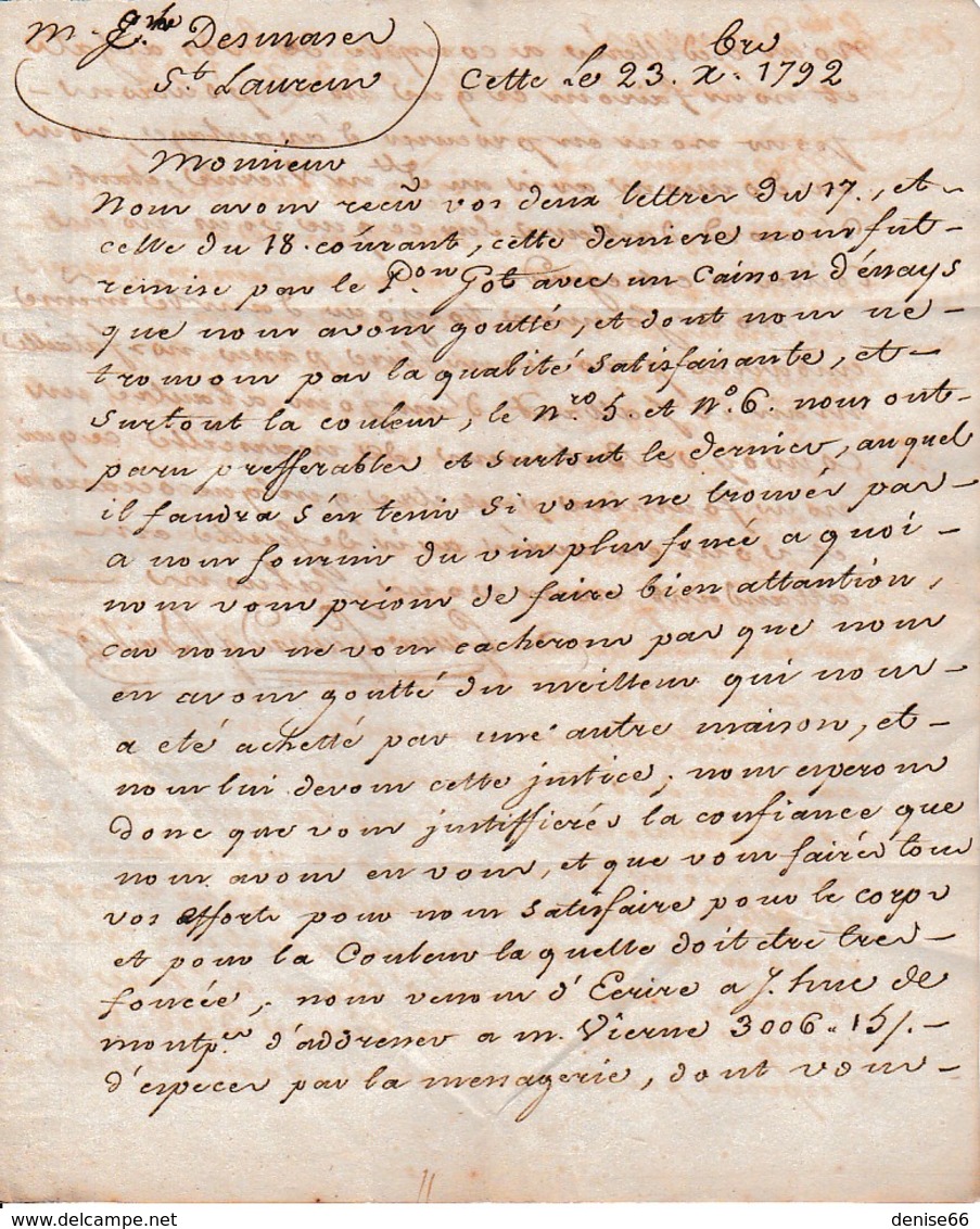 1792 - CETTE (34) L.S. GERNIER GUINARD & BERAILE (?) à M. E. DESMAZES Négt. à St LAURENT DE LA SALANQUE - Historische Documenten