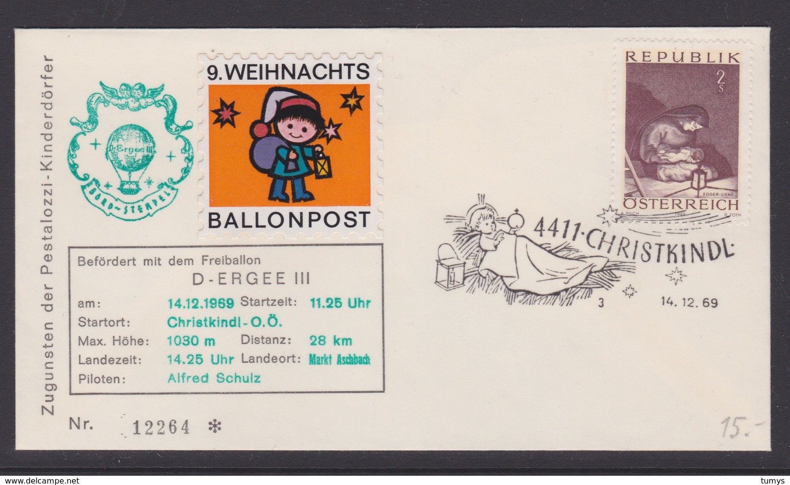 9. Ballonpost Österreich Christkindl Weihnachten 1969 - FDC