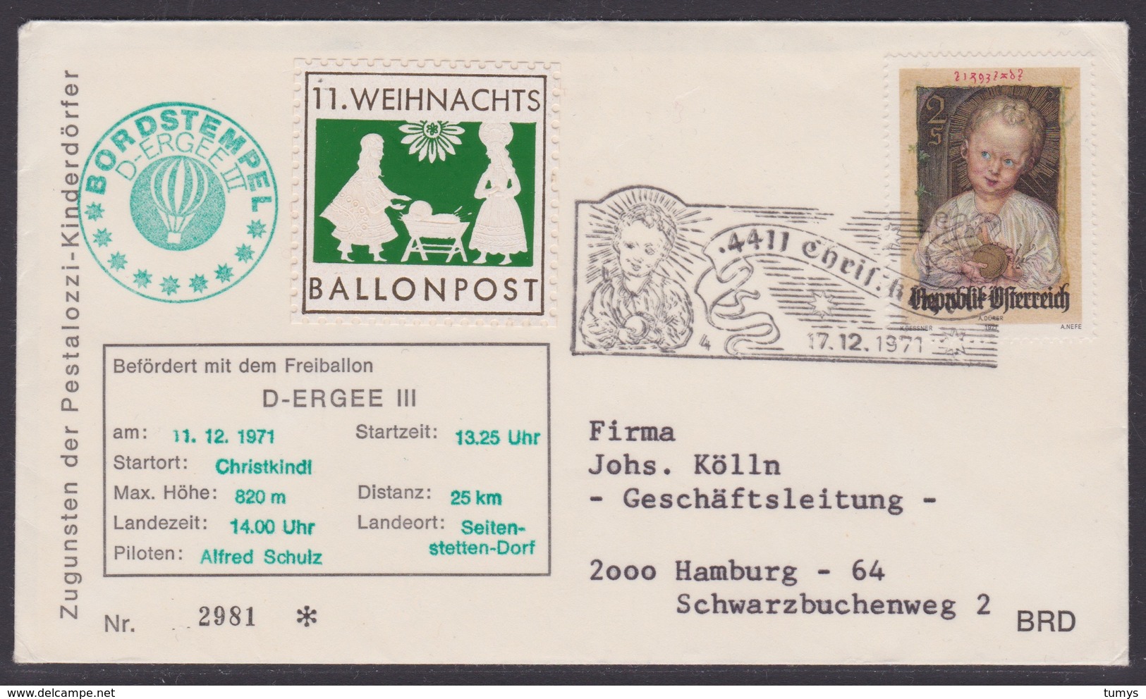 11. Ballonpost Österreich Christkindl Weihnachten 1971 - FDC