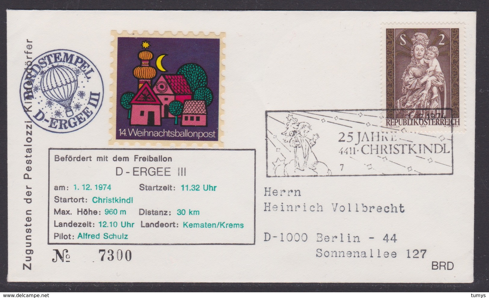 14. Ballonpost Österreich Christkindl Weihnachten 1974 - FDC