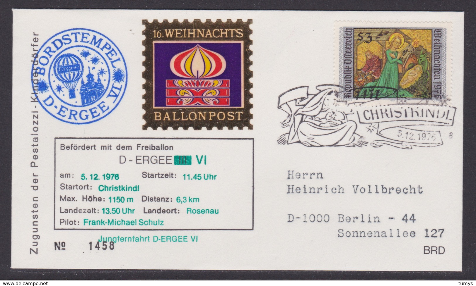 16. Ballonpost Österreich Christkindl Weihnachten 1976 - FDC