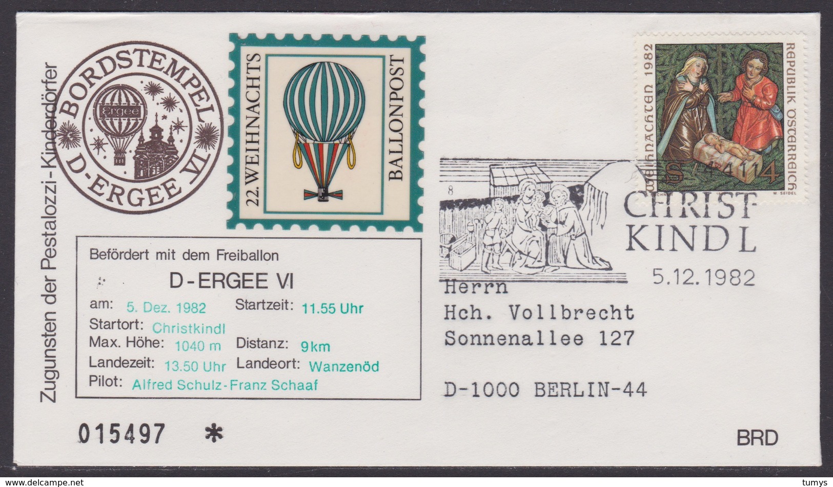 22. Ballonpost Österreich Christkindl Weihnachten 1982 - FDC