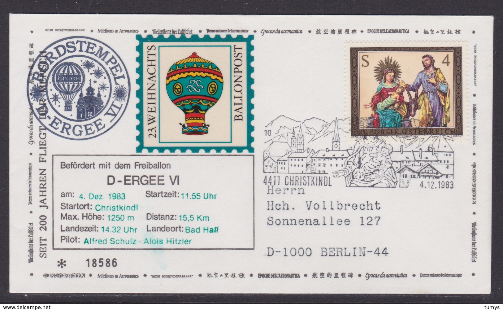 23. Ballonpost Österreich Christkindl Weihnachten 1983 - FDC