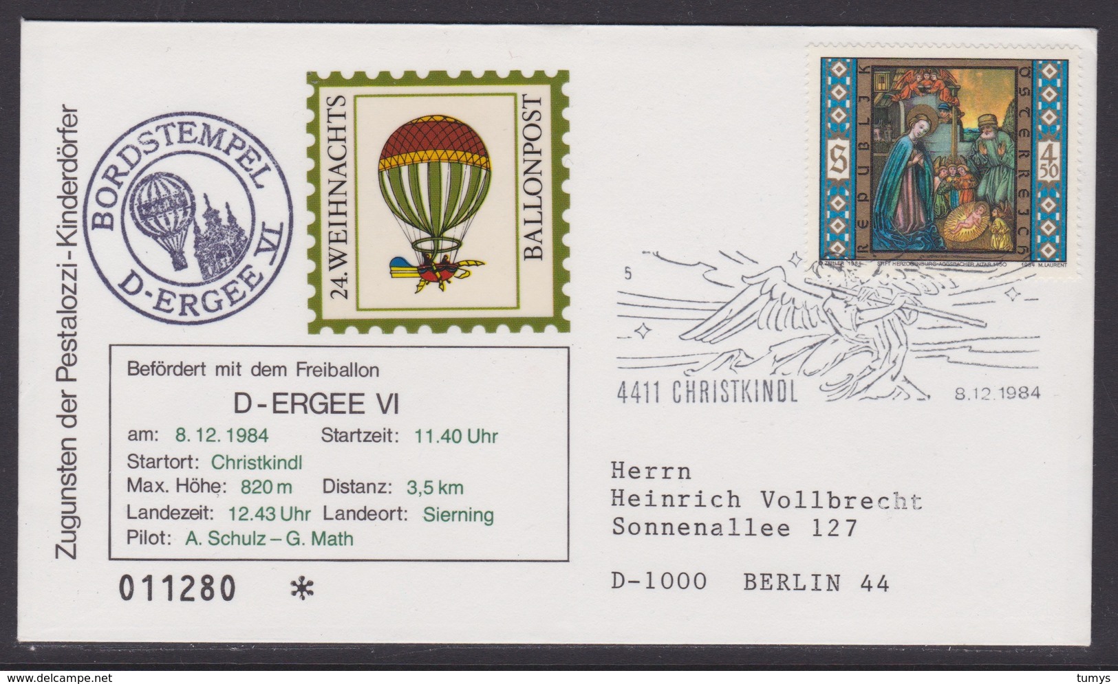 24. Ballonpost Österreich Christkindl Weihnachten 1984 - FDC