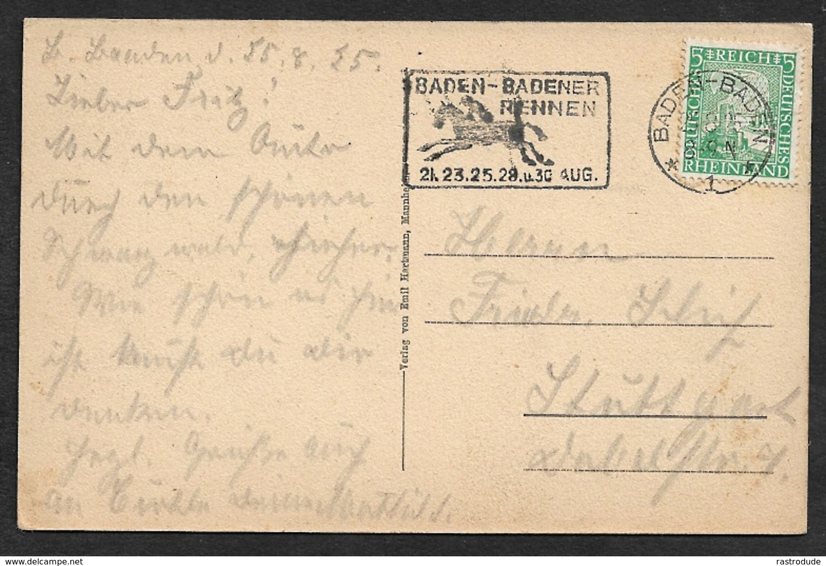 1925 DT. REICH - SONDERSTEMPEL BADEN BADENER RENNEN - PFERDERENNEN HORSE RACING CHEVAL - Paarden