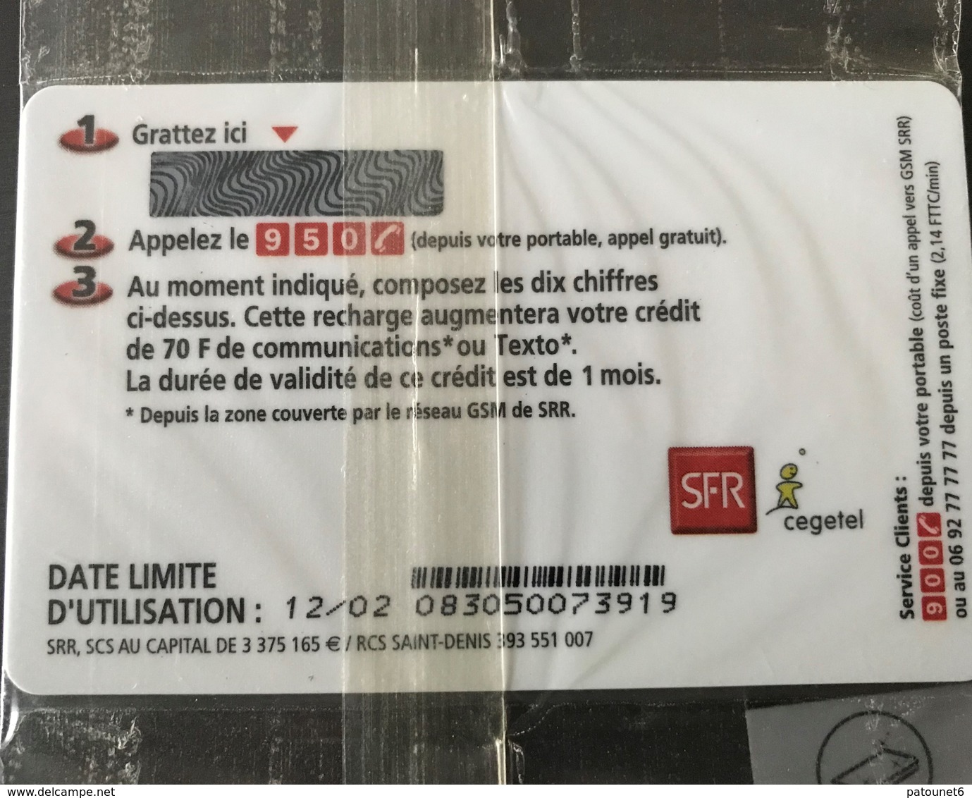REUNION  -  Recharge SFR  -  70 F (10,67 Euros) - Réunion