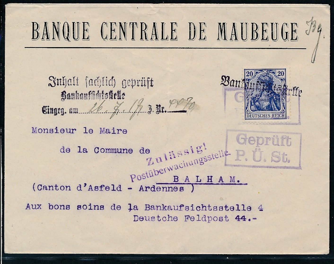 Maubeuge- Banken Brief Zensur (op2481  ) Siehe Scan - Besetzungen 1914-18