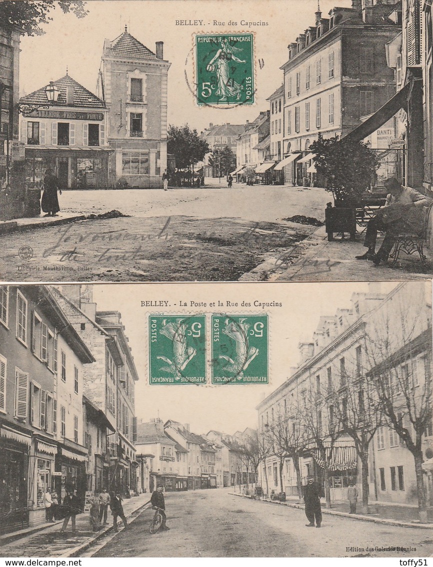 2 CPA:BELLEY (01) QUINCAILLERIE FERS ET FONTE RUE DES CAPUCINS,LA POSTE..ÉCRITES - Belley