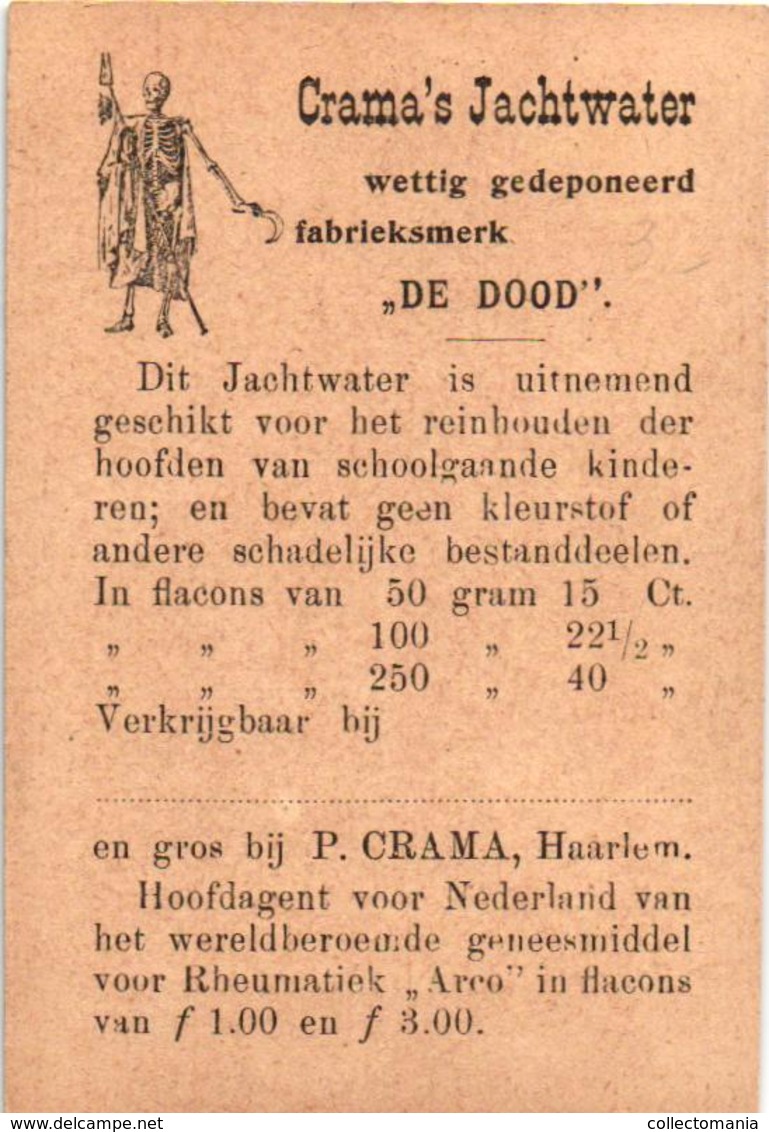 4 Cards Chromo 's Pub.Crama's Jachtwater Fabrieksmerk "De Dood"  Muziekinstrumenten Dirigent Triangel Viool trom Haarlem