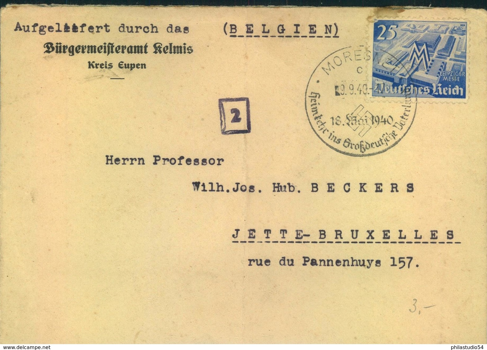 1940, Brief Absender "Bürgermeisteramt Kelmis (Kr. Euoen) Mit Sonderstempel MORISNET - Other & Unclassified