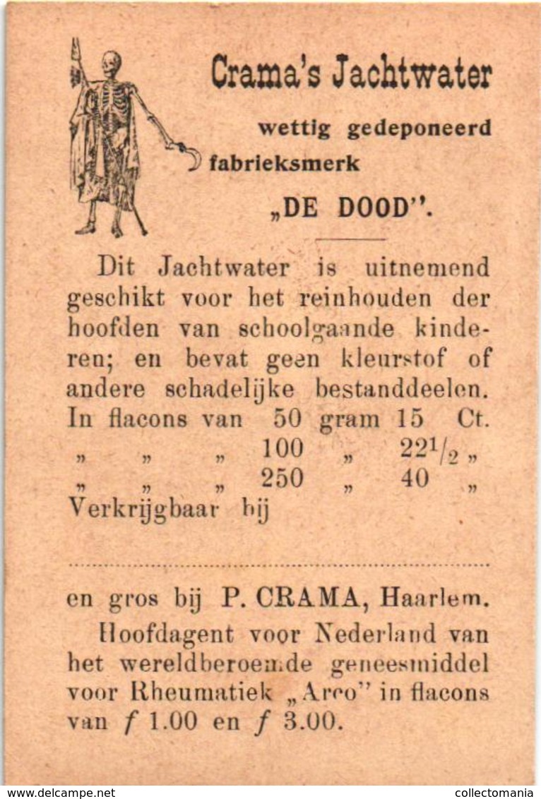 5  Cards Chromo 's Pub.Crama's Jachtwater Fabrieksmerk "De Dood"  Haarlem Reinhouden v schoolgaande kinderen  Litho