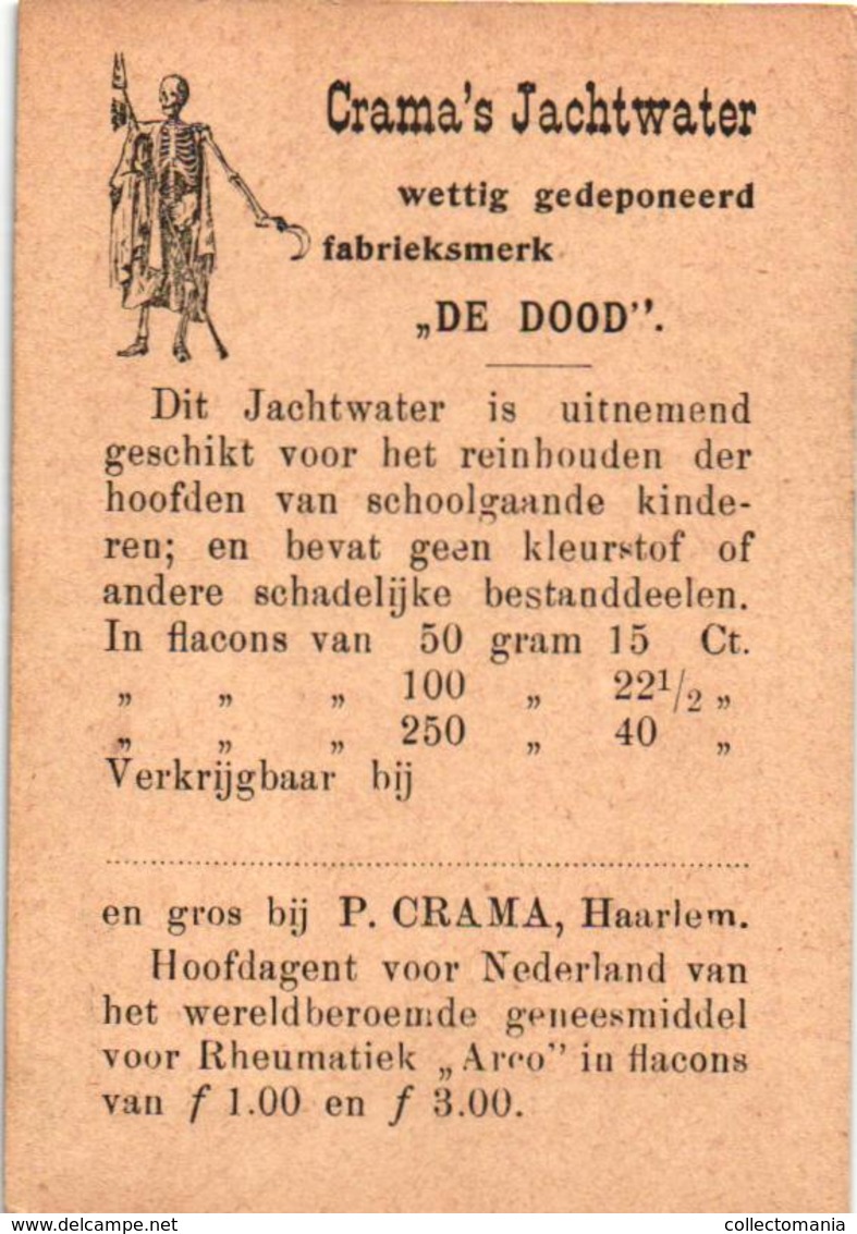 4  Cards Chromo 's Pub.Crama's Jachtwater Fabrieksmerk "De Dood"  Haarlem Reinhouden van  kinderen lovers