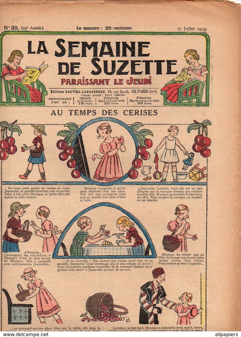 La Semaine De Suzette N°35 Au Temps Des Cerises - Le Jeu Du Catalogue - Le Bon Fouet Et Le Charretier Brutal De 1933 - La Semaine De Suzette