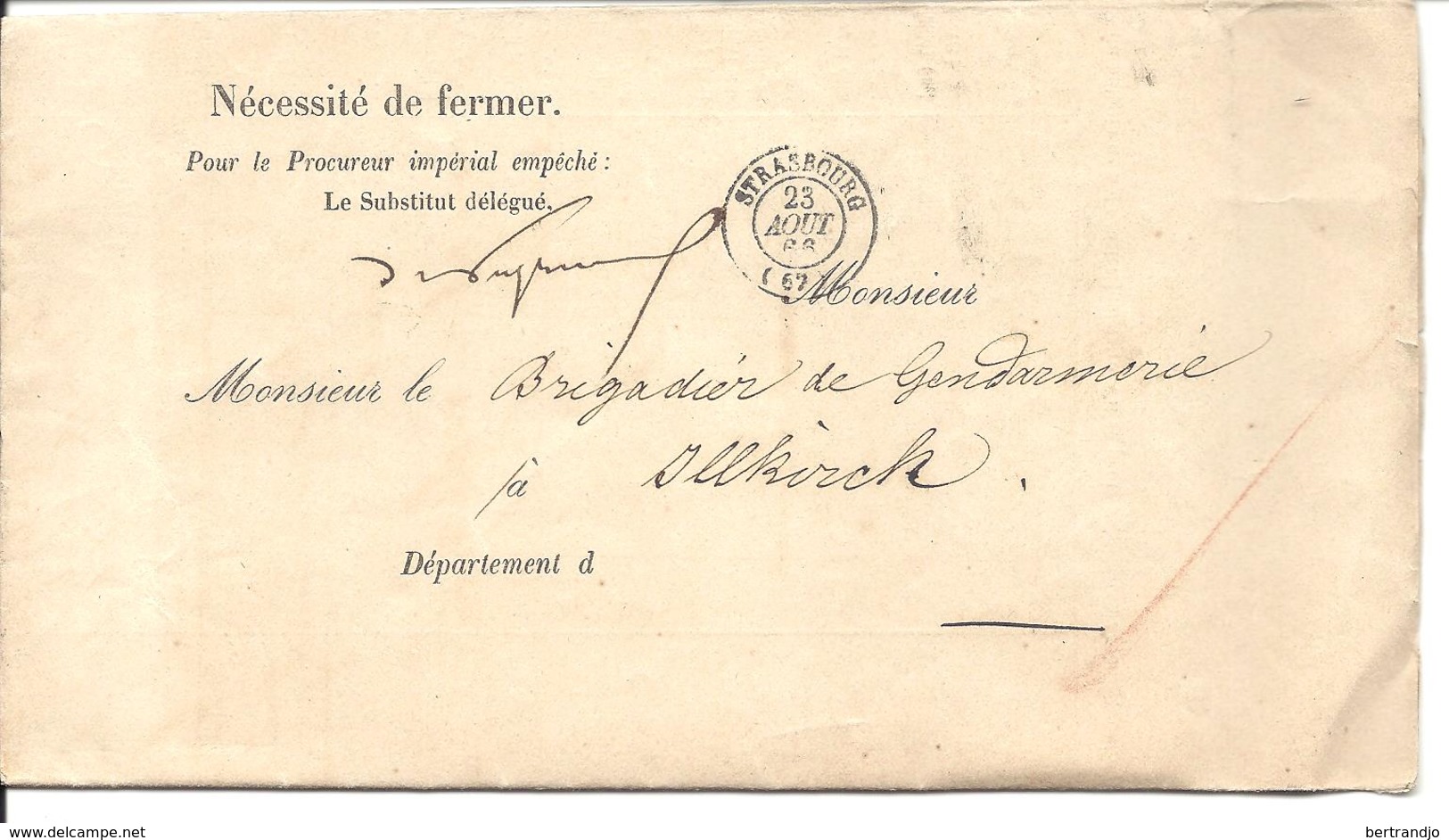 Strasbourg Lettre Du Procureur Impérial Pour La Gendarmerie D'Altkirch (1866) - Lettres & Documents