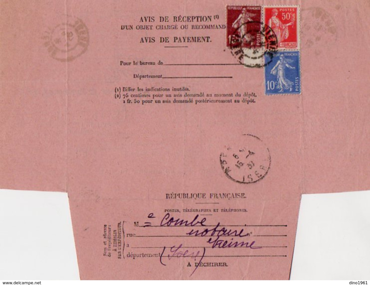 TB 2795 - Postes, Télègraphes Et Télèphones - 2 Avis De Réception - Avis De Payement - VIENNE 1937 Pour GRENOBLE - Telegrafi E Telefoni