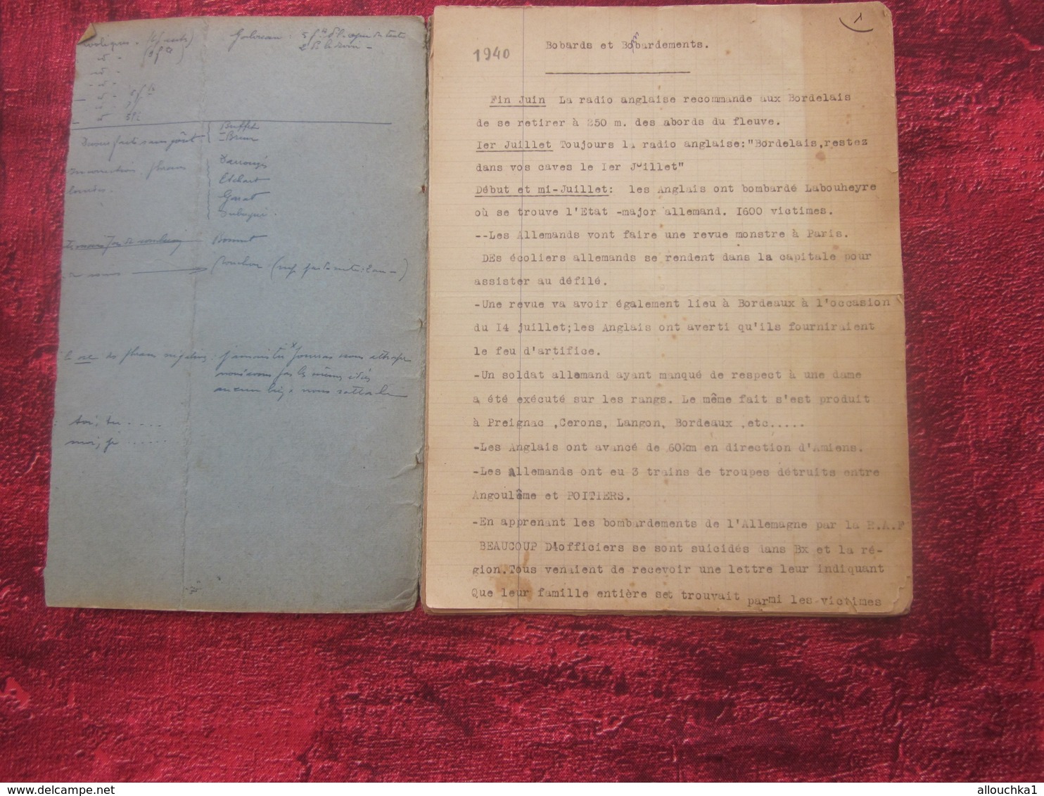 WW2 JUIN à JANV 1940 RÉCITS DE GUERRE 39/45 BORDEAUX/RADIO LONDRES-MILITARIA CAHIER DACTYLOGRAPHIÉ BOBARDS BOMBARDEMENTS - Documenti