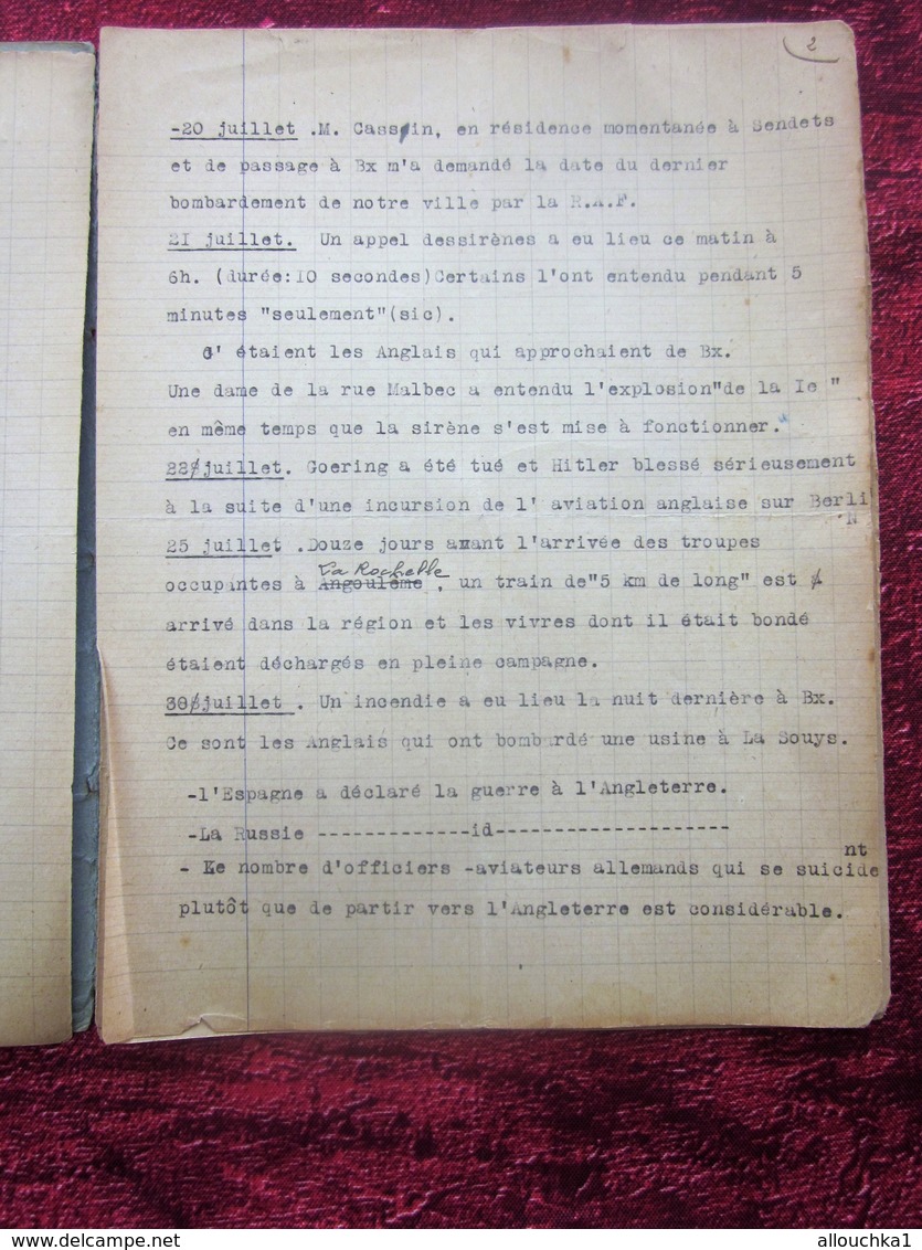 WW2 JUIN à JANV 1940 RÉCITS DE GUERRE 39/45 BORDEAUX/RADIO LONDRES-MILITARIA CAHIER DACTYLOGRAPHIÉ BOBARDS BOMBARDEMENTS - Documenti