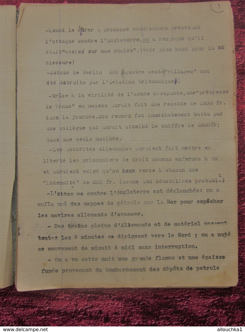 WW2 JUIN à JANV 1940 RÉCITS DE GUERRE 39/45 BORDEAUX/RADIO LONDRES-MILITARIA CAHIER DACTYLOGRAPHIÉ BOBARDS BOMBARDEMENTS - Documenti