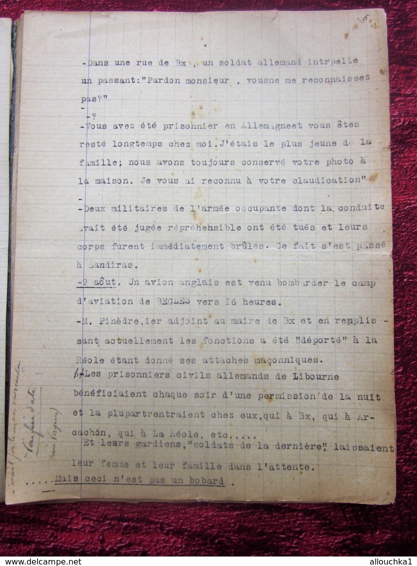 WW2 JUIN à JANV 1940 RÉCITS DE GUERRE 39/45 BORDEAUX/RADIO LONDRES-MILITARIA CAHIER DACTYLOGRAPHIÉ BOBARDS BOMBARDEMENTS