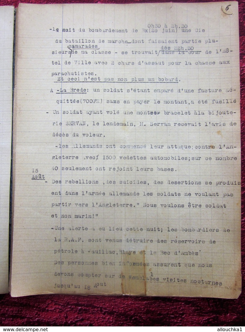 WW2 JUIN à JANV 1940 RÉCITS DE GUERRE 39/45 BORDEAUX/RADIO LONDRES-MILITARIA CAHIER DACTYLOGRAPHIÉ BOBARDS BOMBARDEMENTS