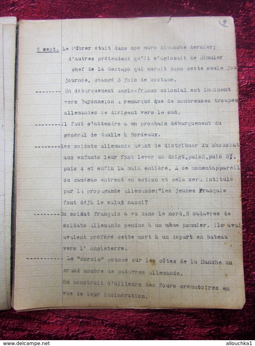 WW2 JUIN à JANV 1940 RÉCITS DE GUERRE 39/45 BORDEAUX/RADIO LONDRES-MILITARIA CAHIER DACTYLOGRAPHIÉ BOBARDS BOMBARDEMENTS