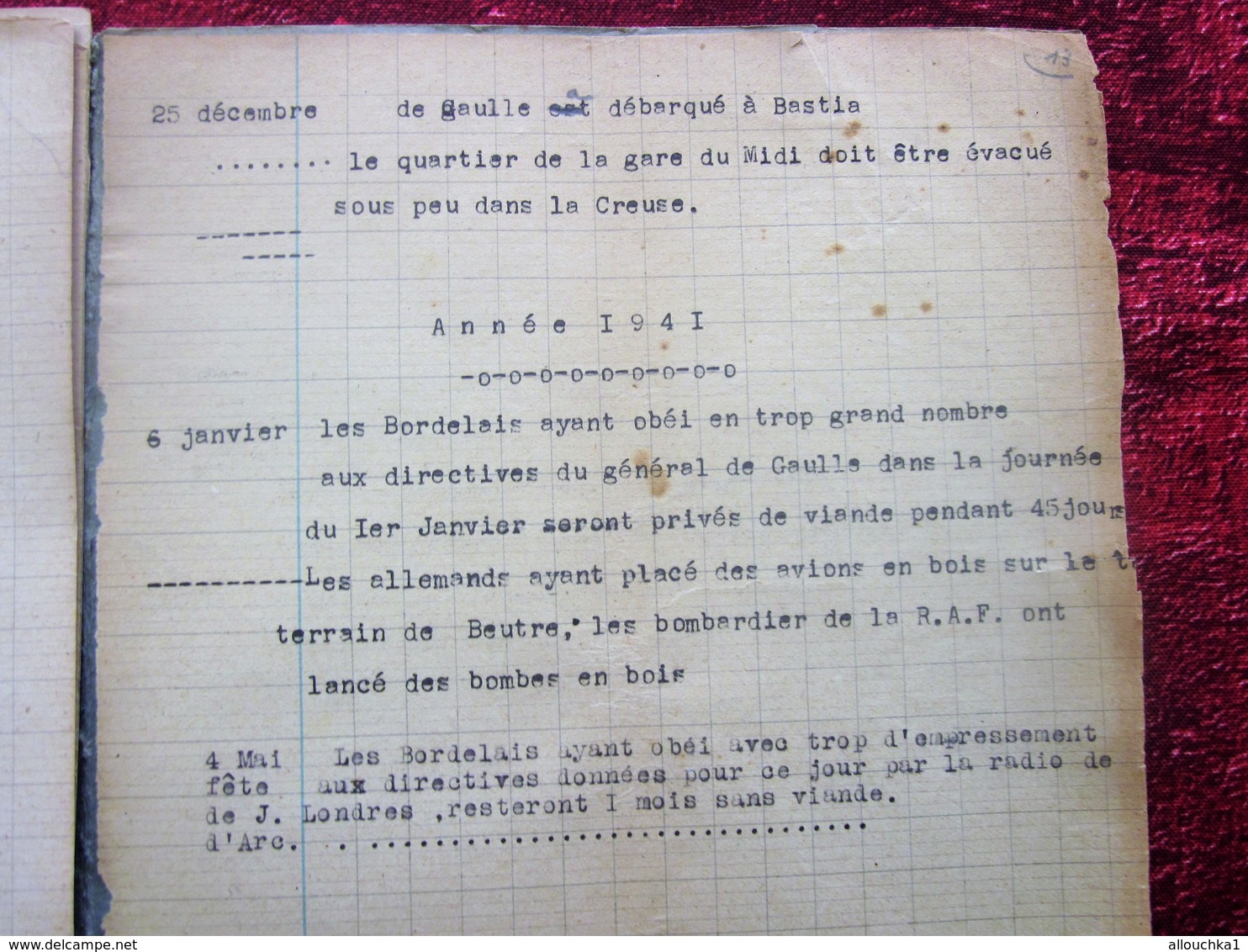 WW2 JUIN à JANV 1940 RÉCITS DE GUERRE 39/45 BORDEAUX/RADIO LONDRES-MILITARIA CAHIER DACTYLOGRAPHIÉ BOBARDS BOMBARDEMENTS