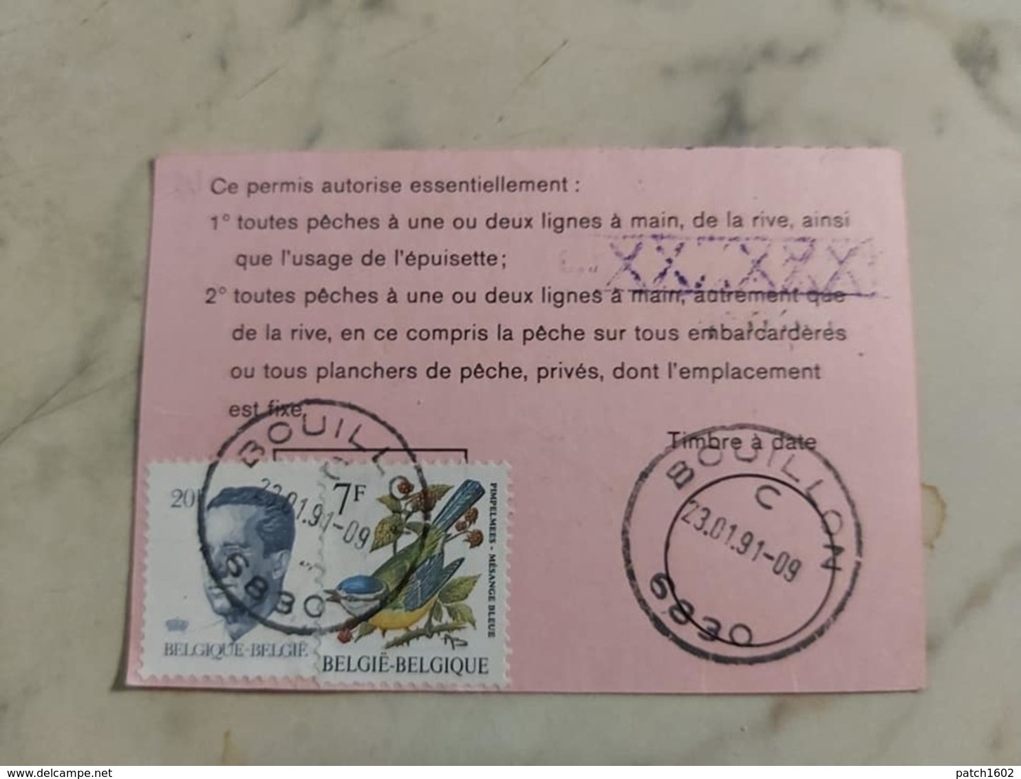 Originale Ancien Permis De Pêche,1991,bureau De Poste De BOUILLON A MONSIEUR AUCREMANNE DE FONTAINE L'EVEQUE - Non Classés