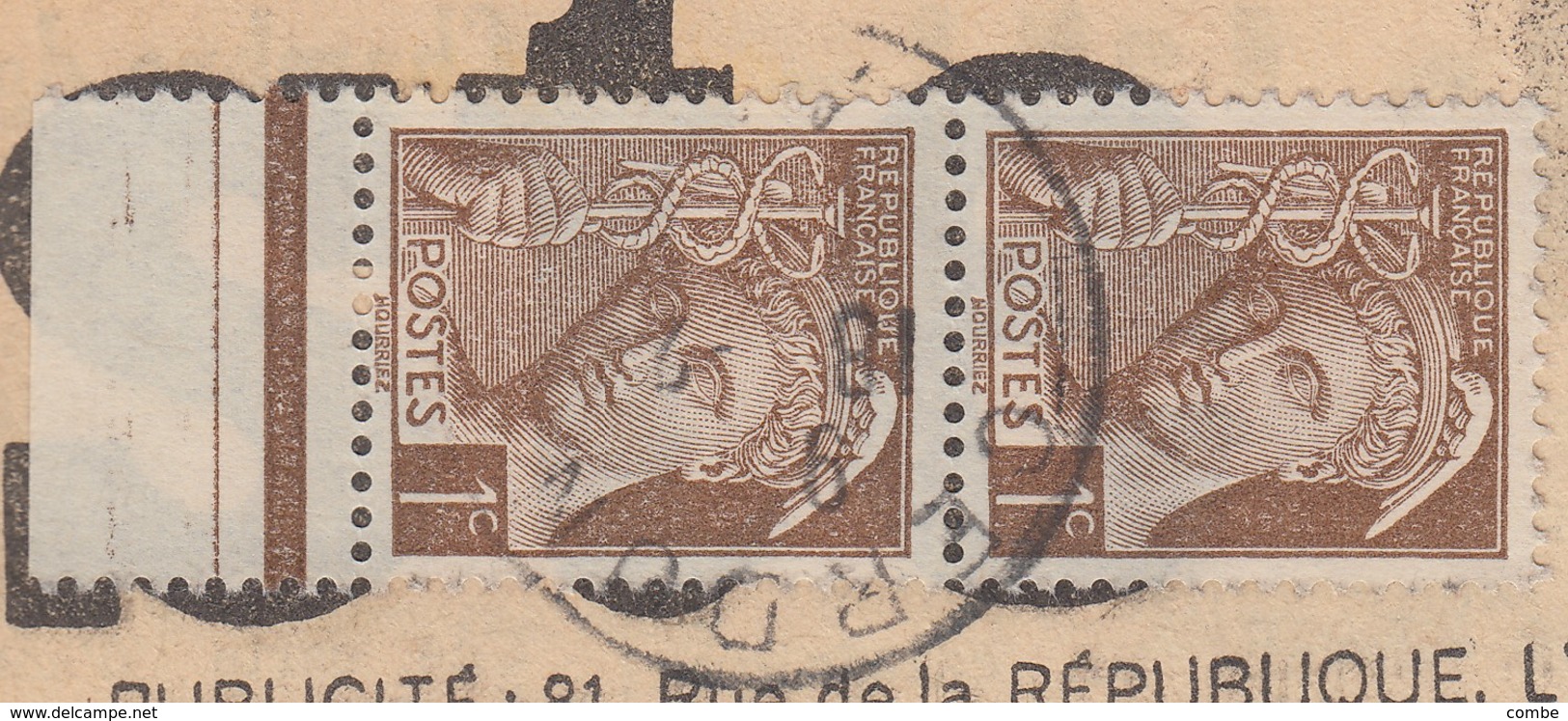 PAIRE DU 1c MERCURE N° 404 SUR QUOTIDIEN LE NOUVELLISTE DU MARDI 18 FEVRIER 1941. LYON POUR CERDON. TARIF À 2c - 1921-1960: Modern Period