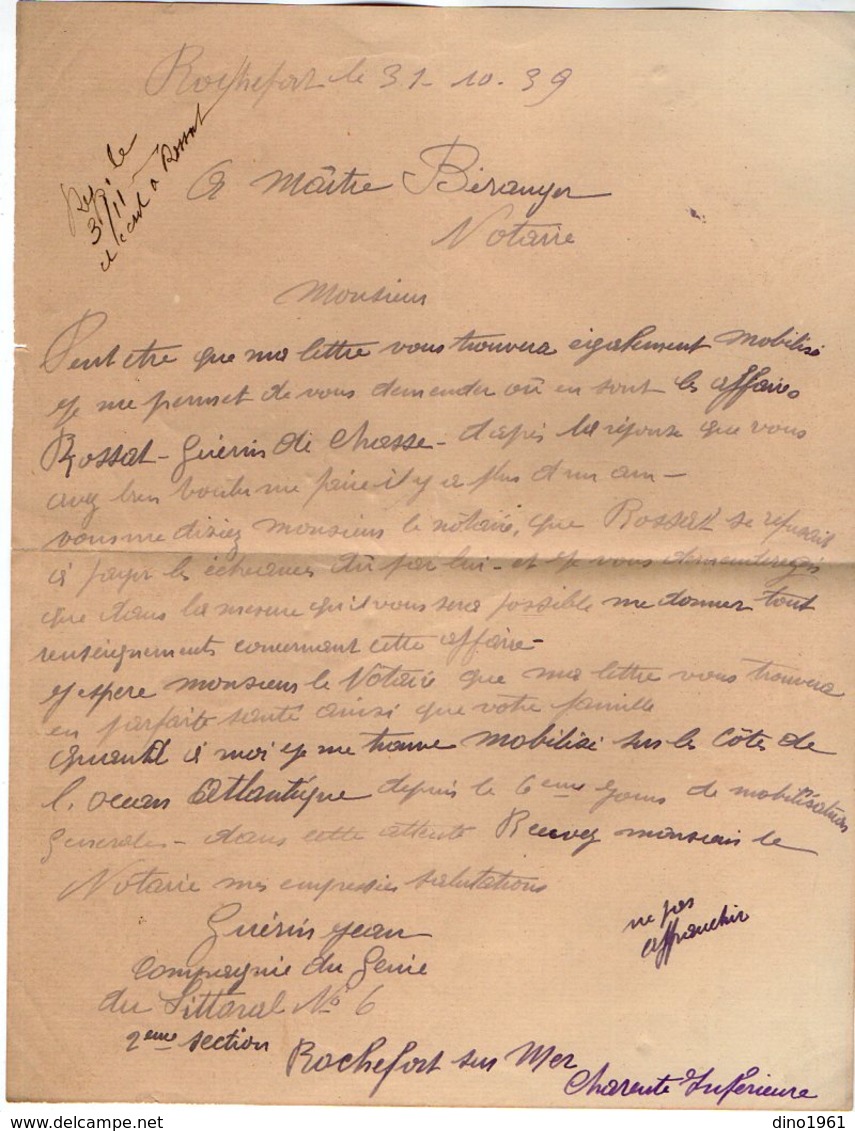 VP16.594 - MILITARIA - Guerre 39 / 45 - Lettre Du Soldat J. GUERIN Cie Du Génie Du Littoral N° 6 à ROCHEFORT SUR MER - Documents